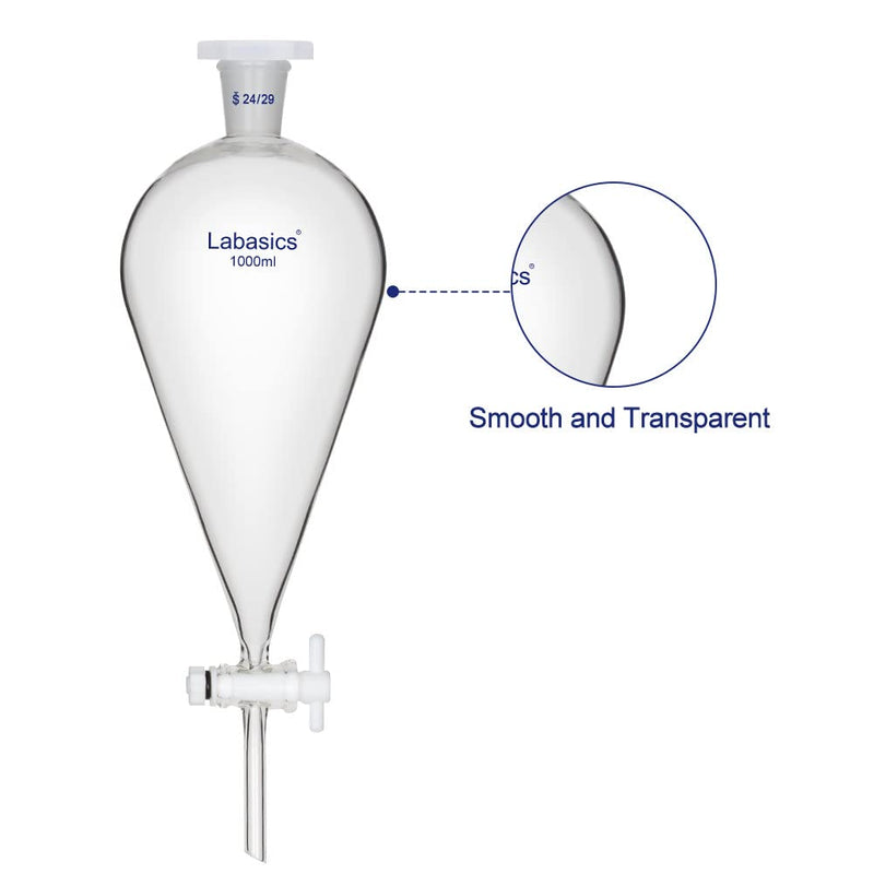 Labasics Conical Separatory Funnel, 1000 ml Heavy Wall Borosilicate Glass Separating Funnel with 24/29 Joints and PTFE Stopcock