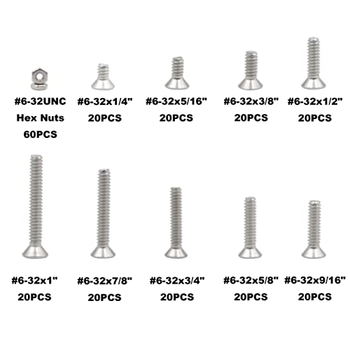 240PCS #6-32 UNC 304 SS Phillips Flat Head Machine Screws Nuts Kit #6-32UNC