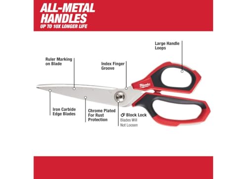 Milwaukee 48-22-4041 Iron Carbide Core Large-Looped Straight Jobsite Scissors w/ Onboard Ruler Markings and Index Finger Groove