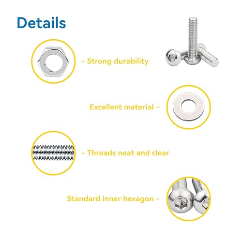 630 Pcs M3 Screws Assortment Kit, M3x6mm/8mm/10mm/12mm/16mm/20mm/25mm/30mm, Metric Hex Button Head Socket Cap Screws Nuts Washers Kit with Wrench, 304 Stainless Steel M3 630 Pcs