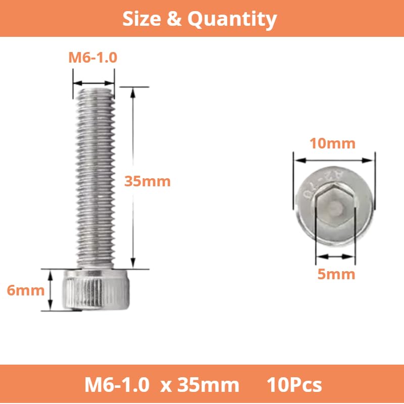 10 Pcs M6 x 35mm Thread Pitch 1 mm Stainless Steel 304 Hex Socket Head Cap Screws Bolts Kit (10 Pack M6 x 35mm) 10 Pack M6 x 35mm