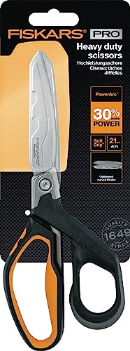 Fiskars PowerArc Heavy-Duty Scissors, Up to 30% More Power, Length 21cm, Durable Stainless Steel Blade/Plastic Handles, Black/Orange, 1027204 Single