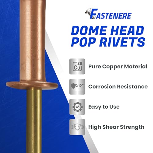 Fastenere Copper Pop Rivets - 1/8" x 1/4" (100 Pack) Copper Body Brass Mandrel, Heavy Duty, Open-End, Dome-Head Blind Rivets, Corrosion-Resistant & High Shear Strength, 4-4 Gap .188" - .250" 1/8" x 1/4" (100 PCS)
