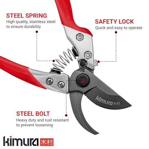 Kimura® 8" Pro Bypass Pruning Shears, Heavy Duty Japanese SK5 Steel Blades, 1 inch Cut Capacity, Non-Slip PVC Coated Handles, Lightweight & Ergonomic, Japanese Pruners, Professional Garden Clippers 8"