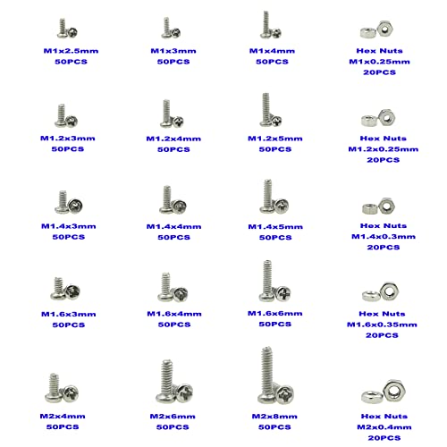 850PCS M1 M1.2 M1.4 M1.6 M2 Metric Stainless Steel Phillips Pan Head Machine Screws Nuts Assortment Kit M1, M1.2, M1.4, M1.6, M2