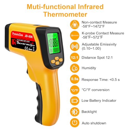 Infrared Thermometer Gun, Dual-Mode with Non-Contact IR & K-Type Thermocouple Probe Meature, -58°F to 1472°F High Accuracy Laser Temperature Gun with Emissivity, Humidity, for Cooking, Industrial Use Yellow