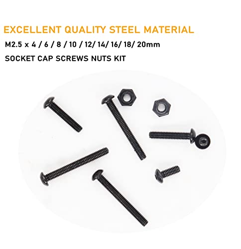 280pcs M2.5 Button Head Hex Socket Cap Screws and M2.5 Black Hex Nuts Assortment Kit with Allen Key, 4mm/ 6mm/ 8mm/ 10mm/ 12mm/ 14mm/ 16mm/ 18mm/ 20mm
