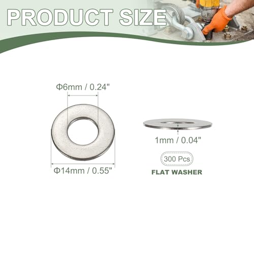 Flat Washers, 304 Stainless Steel Hardware Assorted Washer, 14 x 6 x 1 mm Fit for Bolts Screws Industrial Use (300 Pack, Silver) 300