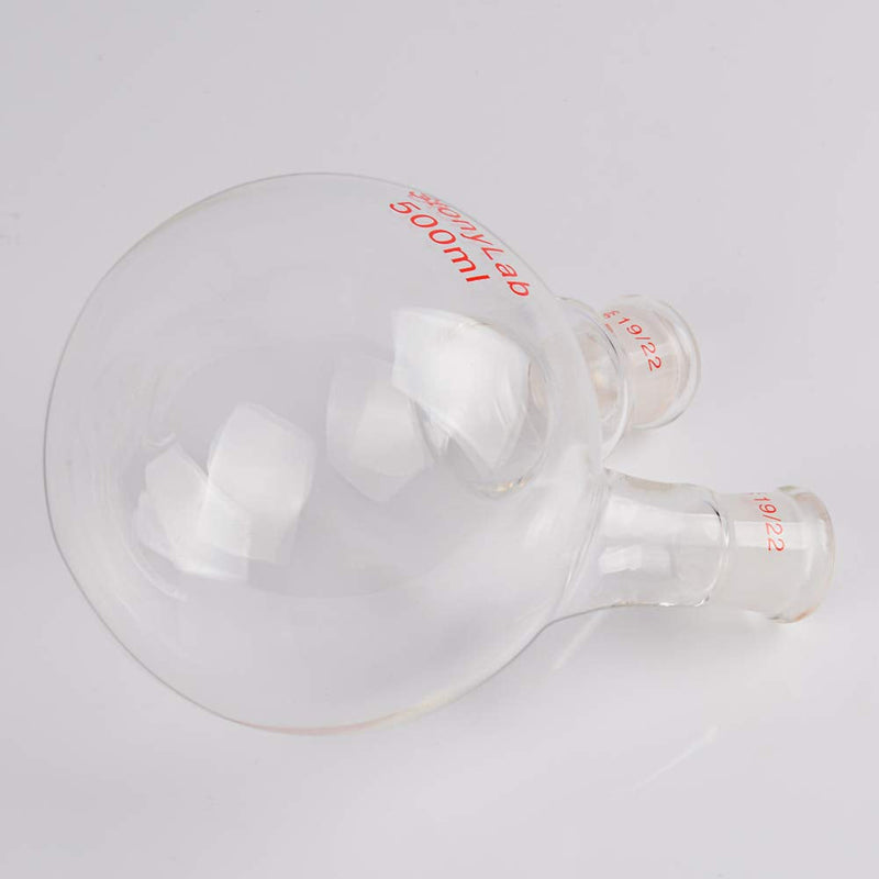 StonyLab Glass 500ml Heavy Wall 2 Neck Round Bottom Flask RBF, with 19/22 Center and Side Standard Taper Outer Joint - 500mL 500 ml