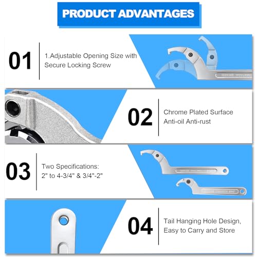 Adjustable C Spanner Hook Wrench Tool Set 3/4-2"(19-51mm)2-4 3/4"(51-121mm) Square head 2 Kinds of Size