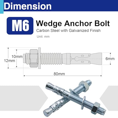 100PCS 1/4" x 3-1/8" Concrete Anchor Bolts, Carbon Steel Wedge Anchors 1/4" × 3-1/8" 100