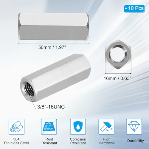 PATIKIL 3/8"-16 UNC 304 Stainless Steel Hex Coupling Nuts, 10Pcs 2" Length Fully Threaded Rod Coupling Nut Studding Connector Fasteners, Silver Tone 3/8"-16 x 2" 10