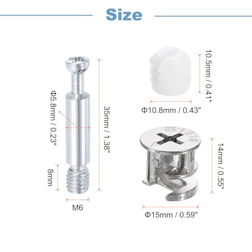 uxcell 45Set 15x14mm Furniture Cam Lock Fitting with 5.8x35mm Dowel Fasteners, 3-in-1 Metal Furniture Board Connecting Screws Bolts Assortment Kit for Cabinets Chairs Drawer 5.8 x 35mm 45