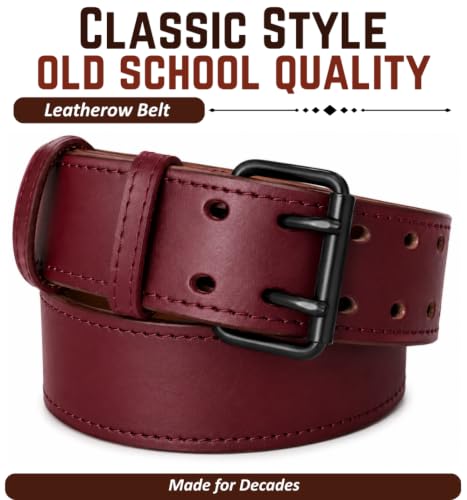 Full Grain Leather Tool Belt — 2" Heavy Duty Work Belt Burnished Edges — Amish-Crafted Utility Belt for Carpenters, Electricians, Construction & Contractors, Adjustable (Burgundy, 40"-48") Burgundy 40"-48" Inch