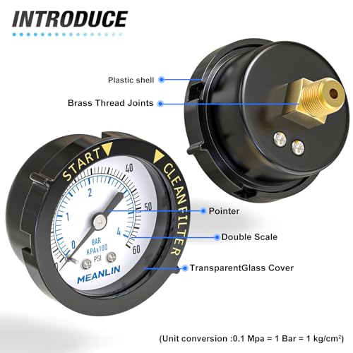 MEANLIN MEASURE 0~60Psi Plastic Frame 1/4" NPT Start and Clean Filter Pressure Gauge, Suitable for Swimming Pool, Spa, Aquarium (0-60Psi/0-4BAR/KIT, Center Back Mount) Back Mount / With adapter