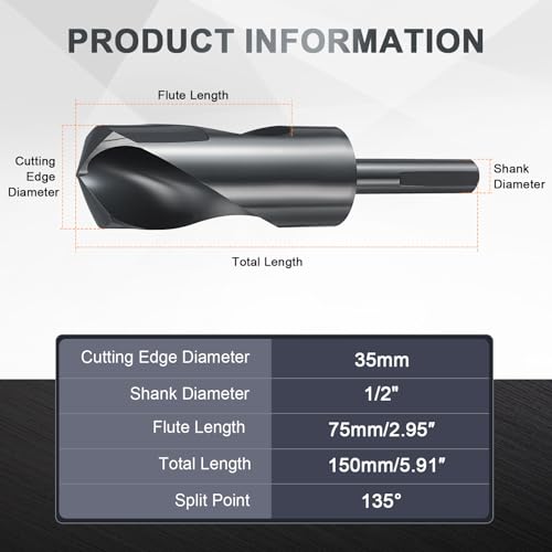 uxcell 35mm Drill Bit 1/2" Reduced 3-Flat Shank M2 High-Speed Steel