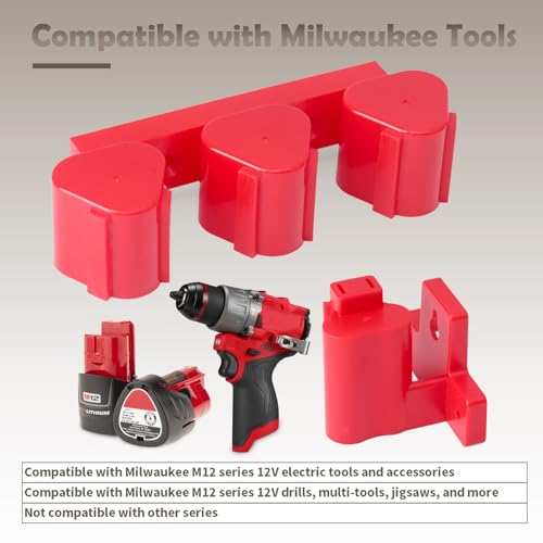 Tool Holders and Battery Holder Compatible with Milwaukee M12 12V Electric Drill Tools Wall Mount Plastic Hanger Suitable for Shelf Work Van and Toolbox Combo Holder Kit with 22 Screws
