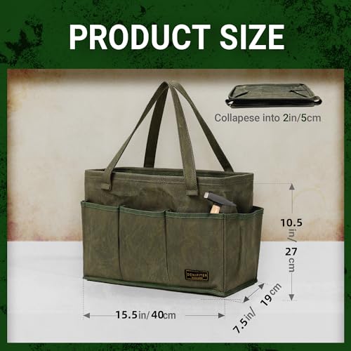 Tool Bag with Metal Frame, Waxed Canvas Wide Open Top Tool Tote Bag with 9 External Pockets, 15.5 x 7.5 x 10.5 Inches (ArmyGreen) ArmyGreen