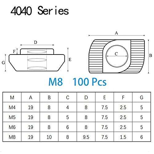 100 Pcs 4040 Series M8 T Slot Nut Hammer Head Fastener, Nickel Plated Carbon Steel Nut for Aluminum Profile