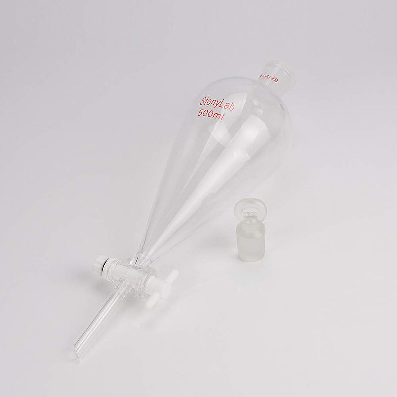 stonylab PTFE Stopcock Separatory Funnel 500 ml, Borosilicate Glass Heavy Wall Conical Pear-Shaped Funnel with 24/29 Joint
