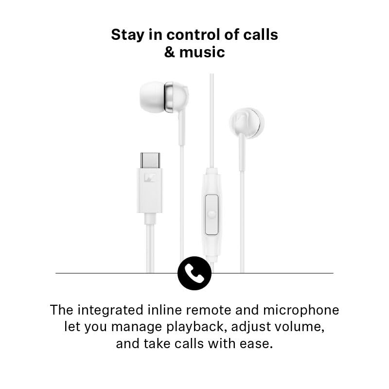 Sennheiser CX 80U in-Ear Headphones with in-line One-Button Smart Remote – White USB Type C