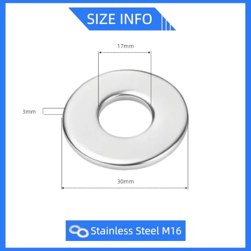 M16 x 30mm OD Flat Washer, 316 Stainless Steel Flat Washers, 20 Pcs M16