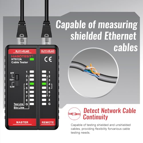 Network Cable Tester, HABOTEST HT812A with RJ45 RJ11 Port, Ethernet Cable Tester Tool,Speaker, Coax, Video, and Data Fast/Slow Gear, 60V Cable Telephone Line Continuity Test for CAT5/CAT5E/CAT6/CAT6A