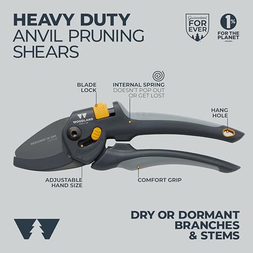 Woodland Tools Co. Heavy Duty Anvil Pruning Shears – 5/8" Cut Capacity, High Carbon Steel Blade, Internal Spring, Adjustable Grip Slider, Garden Pruner for Dry Branches, Stems, and Dead Growth Heavy Duty Anvil Pruner