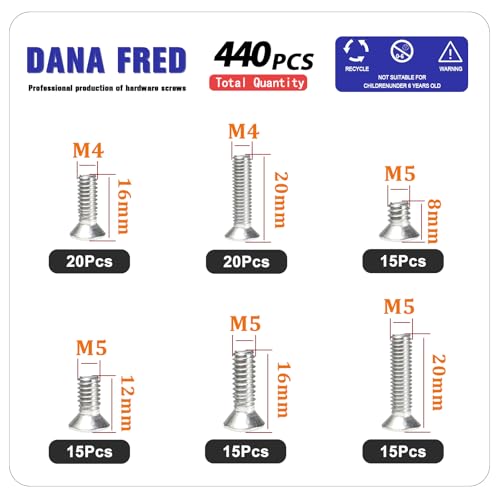 440 Pieces Flat Hex Socket Head Cap Screws Kit 304 Stainless Steel M3 M4 M5 Metric Thread Hexagon Allen Head Drive Countersunk Machine Bolts Nuts Standard Fastener Hardware Assortment Kit Set M3M4M5-440pcs