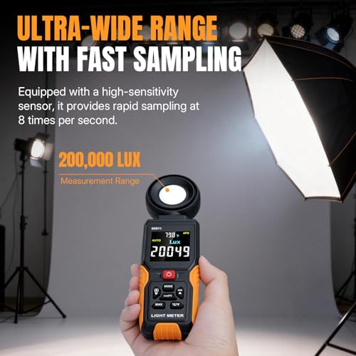 Mcbazel Digital Light Meter with HD Color Screen, 270° Rotatable Head & Fast 8X/s Sampling – High-Precision Illuminance Meter (200,000 Lux/FC) for LED Grow Lights, Plants, Photography & Lumen Testing
