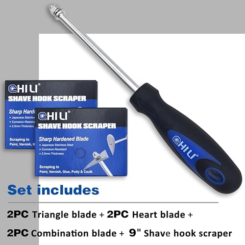 CHILI Hand Tools 3 IN 1 Stainless Steel Shave Hook Scraper Set, Wood Painting Remover, 9" Length with Replacement Blades (Triangle + Combination + Heart) for Home Improvement, Made In Taiwan 3 in 1 Scraper + 6 PC Replacement Blades