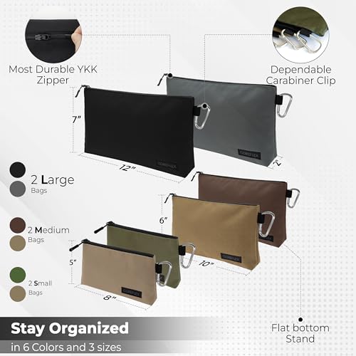 COREFLEX Premium Tool Pouch Zipper Bag, Small Tool Bag, Multipurpose Storage pouch, Heavy duty Flat Bottom Tool bag with YKK Zipper (6 pack Combo mixed size) 6 pack Combo mixed size Khaki