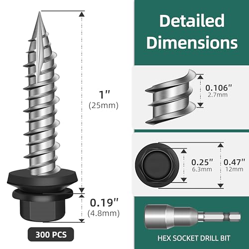 300Pcs #10 x 1 Inch Hex Head Metal Roofing Screws, Black Coated Hex Head Metal Roof Screws with Rubber Washer, Construction Self Tapping Screw with Hex Socket #10 x 1" 300
