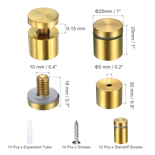 uxcell 12 Pcs 1" x 1" Standoff Screws Stainless Steel Wall Mount Sign Mounting Hardware Kit with 14pcs Screws for Hanging Acrylic Glass Signs Advertising Boards, Brushed Gold 1" x 1"