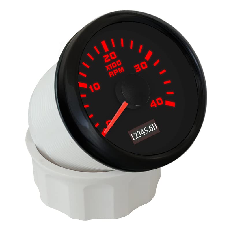 ELING 52mm Diesel Engine 4000RPM Tachometer Gauge with Hour Meter 12V 24V with Red Backlight for Truck RV Black+Black 0-4000RPM