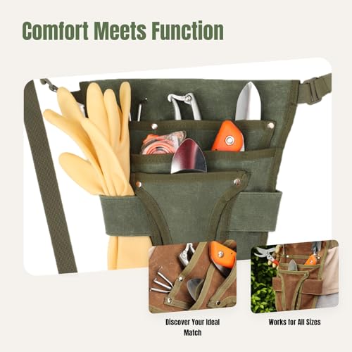 Garden Tool Belt Tool Waist Pouch Heavy Duty Waxed Canvas Adjustable DIY Utility Belt Apron Garden Waist Belt for Florists, brown green