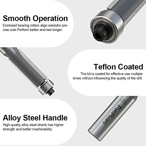 FivePears 4PCS Flush Trim Router Bits 1/2 Inch Shank, Bottom Bearing Flush Cut Trim Router Bit for Woodworking, 1/2 Inch Cutting Diameter, 1", 1-1/4", 1-1/2", 2" Cutting Length Shank Size: 1/2" 4 Bits Set - 1/2" Shank