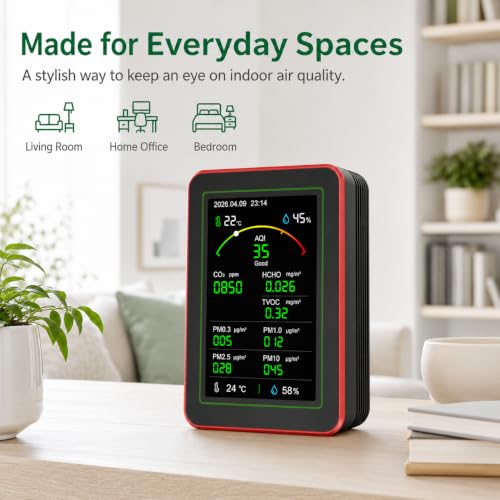 Professional 15-in-1 Air Quality Monitor with Smartphone APP - Dual Chip - Monitors CO₂ and Indoor Air Quality (CO₂), HCHO,TVOC,PM0.3,PM1.0,PM2.5,PM10,AQI,Temp and Humidity for Home,Office and Car Use Red