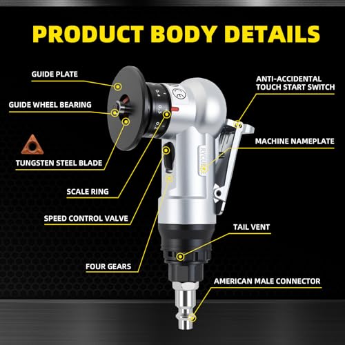 Pneumatic Chamfering Tool Handheld, Mini Air-Powered Chamfering Machine with 4 C-Blades (2 Pre-Installed), 45° Right-Angle Trimming, 1/4 Inch Air Inlet for Metal, Wood Beveling & Deburring Silvery White