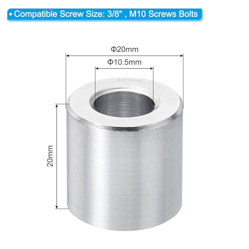 PATIKIL M10 Aluminum Spacers, 5 Pcs Metal Spacer Aluminum 10.5mm ID x 20mm OD x 20mm L Aluminum Spacer Screw Standoff Round for 3/8" M10 Screw Bolts