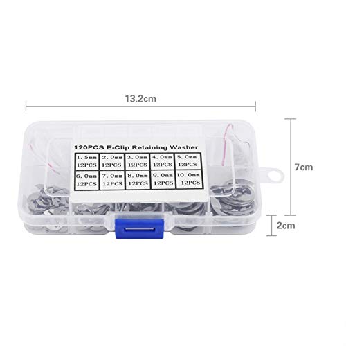 E-Clip External Retaining Ring Assortment Kit 120Pcs 10 Sizes E-Clip Circlip Ring 304 Stainless Steel Opening Snap Ring Circlip Set with Box