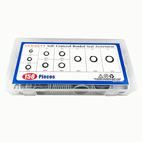 150 Pieces Automotive Self-Centered Bonded Seal Gasket Assortment Kit Bonded Seal Oil Washer Assortment Kit (150PCS) 150PCS