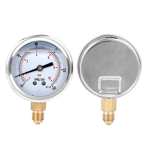 Oil Filled Pressure, 1/4 Lower Mount Stainless Steel Liquid Filled Pressure, -1-10 bar, -30-150 inhg/psi Scale Pressure with Brass Internals