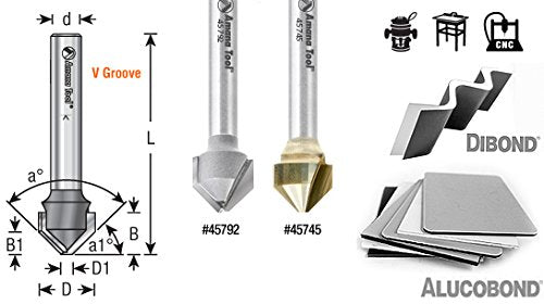 Amana Tool 45792-M V-Groove 90 Deg. Folding for Aluminum Composite Material (ACM) Panels Like Alucobond, Dibond, 0.090 Tip Cut Width x 3/8 CH x 1/2 D x 6mm SHK Carbide Tipped Router Bit