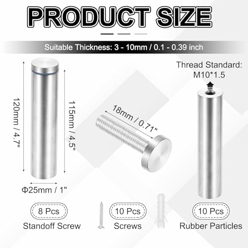 PATIKIL 1x4.7" Standoff Screws, 8 Pack Stainless Steel Stand Off Wall Mounts Wall Sign Mounting Hardware Advertising Standoff Nail for Hanging Acrylic Signs Picture Frame, Silver 1x4.7"