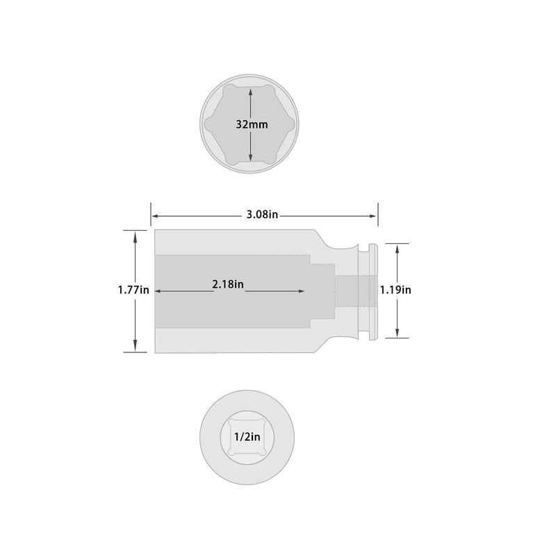 1/2" Drive x 32 mm Deep 6 PT Impact Socket, CR-MO,1/2-inch Drive 6 Point Axle Nut Socket for Easy Removal of Axle Shaft Nuts (Metric 32MM) 1/2" Drive Deep