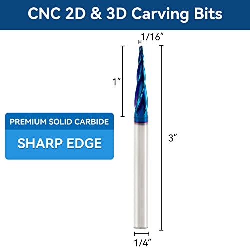 CNC Router Bits 1/4" Shank Spiral Ballnose Carving Bits Ball Tip R0.8 2PCS 5.4 Deg Taper, 1/16" Tip, 3" OVL 2