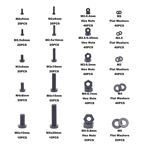 540PCS M2-M5 Black Nylon Phillips Pan Head Screws Nuts Washers Kit M2, M2.5, M3, M4, M5