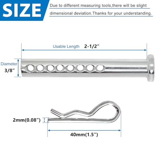 Heavy Duty Adjustable Clevis Pin with R Clip, 3/8 X 2-1/2 inches, 8 Sets