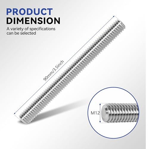 24 Pcs 304 Stainless Steel M12 Threaded Rod, 3.5"(90mm) M12x90mm 24